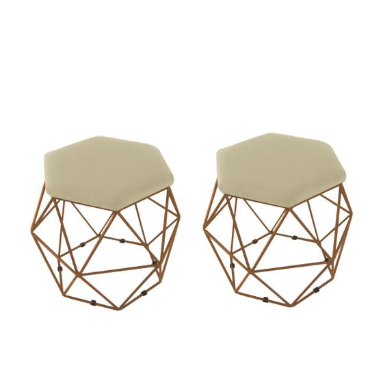 Imagem de kit 2 Puffs Onix Aramado Base Bronze Hexagonal Bege