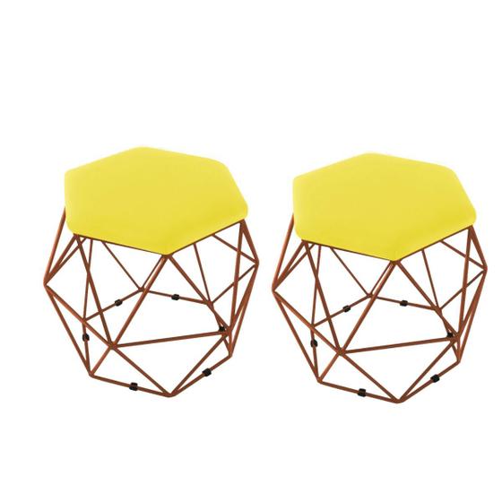 Imagem de kit 2 Puffs Onix Aramado Base Bronze Hexagonal Suede Amarelo