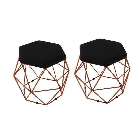Imagem de kit 2 Puffs Onix Aramado Base Bronze Hexagonal Suede Preto