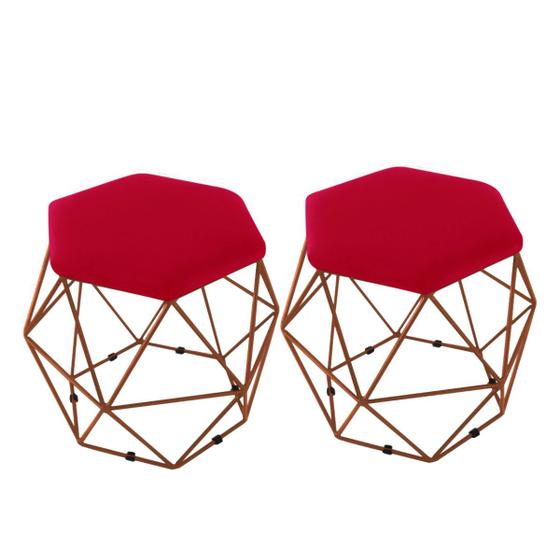 Imagem de kit 2 Puffs Onix Aramado Base Bronze Hexagonal Vermelho