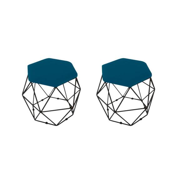 Imagem de kit 2 Puffs Onix Aramado Base Preto Hexagonal Azul Royal