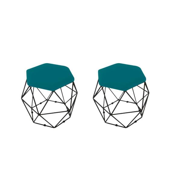 Imagem de kit 2 Puffs Onix Aramado Base Preto Hexagonal Azul Turquesa