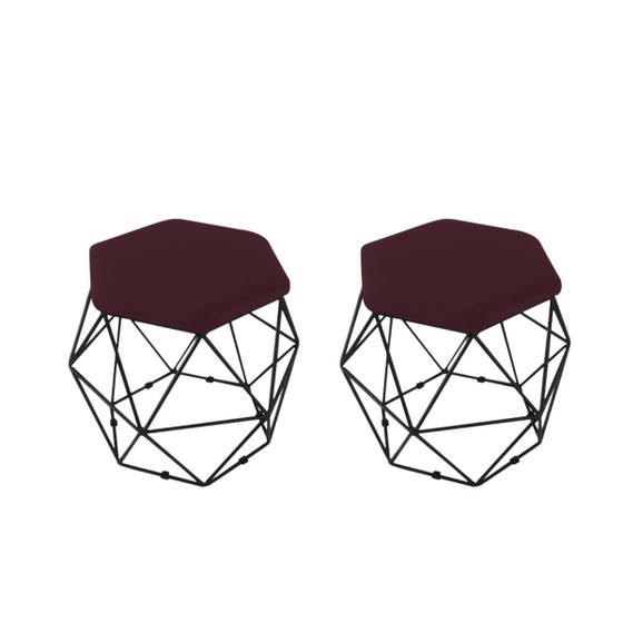 Imagem de kit 2 Puffs Onix Aramado Base Preto Hexagonal Bordô
