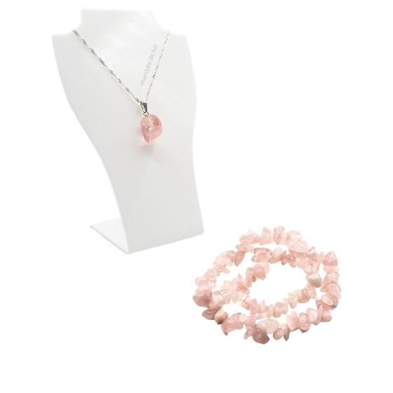 Imagem de Kit 2 Pulseiras de Cascalho e Colar Folheado de Quartzo Rosa