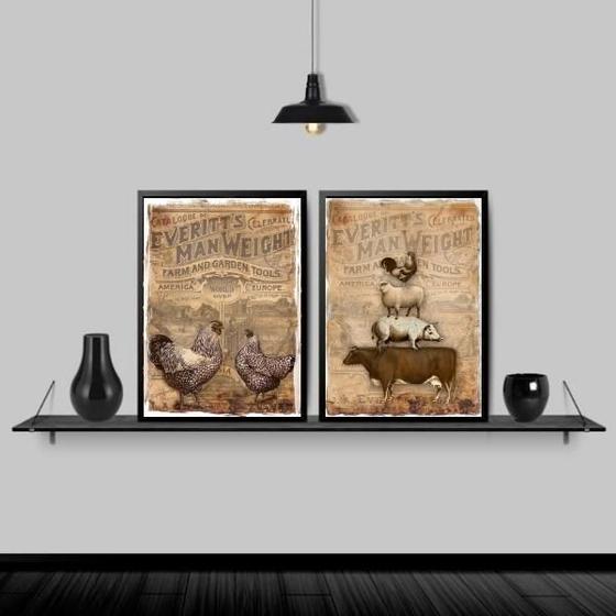 Imagem de Kit 2 Quadro Country Animais Fenda Retrô 24X18 Vidro Preta