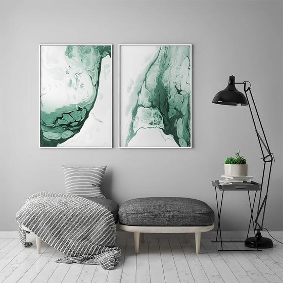 Imagem de Kit 2 Quadros Abstrato Verde Tela Canvas com Moldura Flutuante em Vários Tamanhos - Artfine