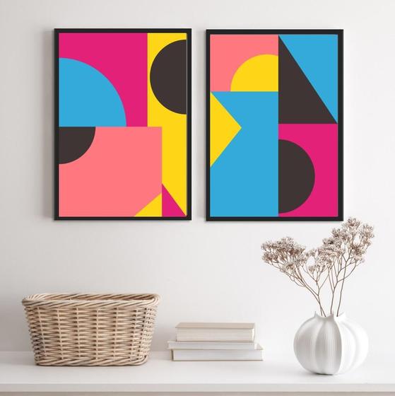 Imagem de Kit 2 Quadros Abstratos 33x24cm - ul Rosa Amarelo - Vidro - Moldura Preta