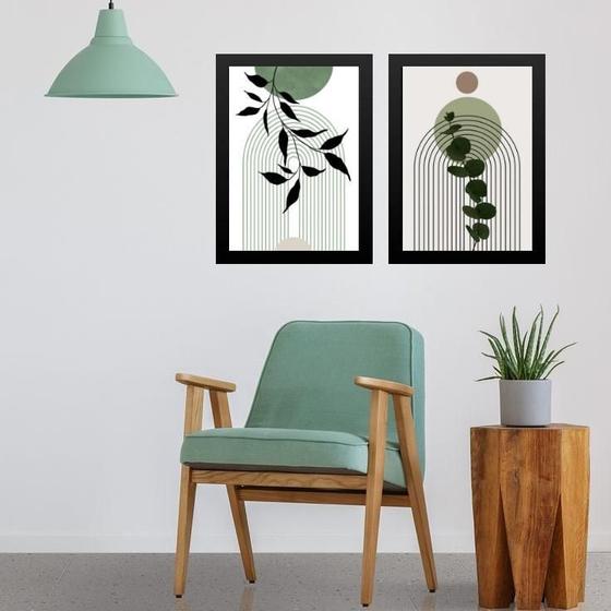 Imagem de Kit 2 Quadros Abstratos Boho Folhas Soft 33X24Cm - Com Vidro