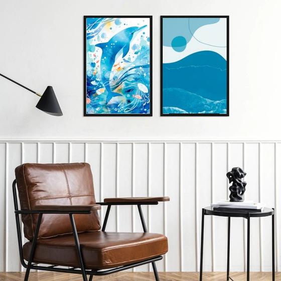 Imagem de Kit 2 Quadros Abstratos Golfinho Mar Azul 45x34cm - com vidro