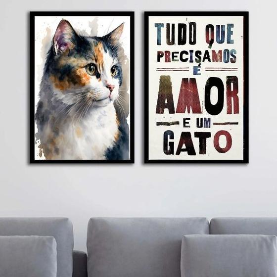 Imagem de Kit 2 Quadros Amor e Um Gato 24x18cm - com vidro