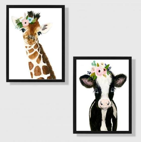 Imagem de Kit 2 Quadros Animais Girafinha E Vaquinha 33x24cm - com vidro