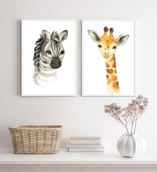 Imagem de Kit 2 Quadros Animais Infantis Aquarela 33x24cm - com vidro