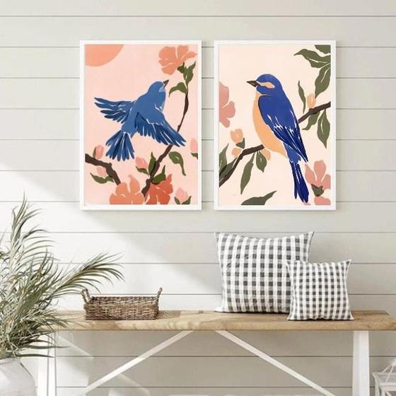 Imagem de Kit 2 Quadros Aquarelas Passarinhos ul 24x18cm - Vidro e Moldura Branca