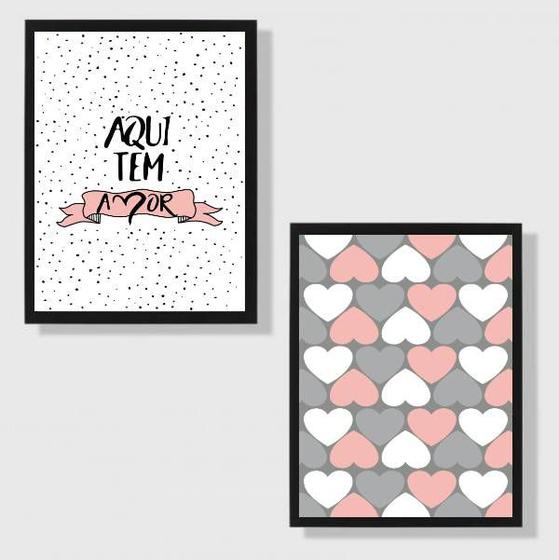 Imagem de Kit 2 Quadros Aqui Tem Amor Rosa 33x24cm - com vidro