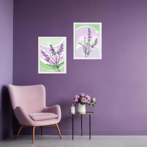 Imagem de Kit 2 Quadros Arte Lavanda Lilás e Verde 33x24cm - com vidro