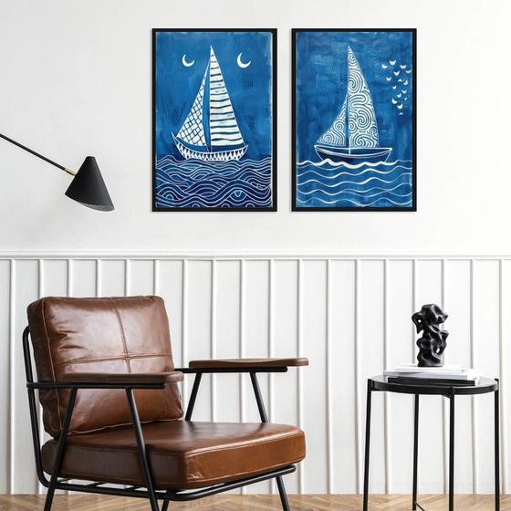 Imagem de Kit 2 Quadros Arte Nautica Azul Barcos 24x18cm