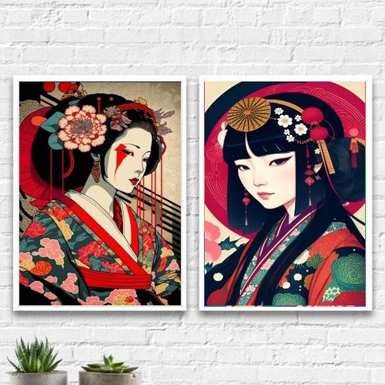 Imagem de Kit 2 Quadros Arte Oriental Geishas 33x24cm - com vidro