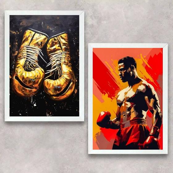 Imagem de Kit 2 Quadros Artes Boxe - Luva e Lutador 33x24cm - com vidro