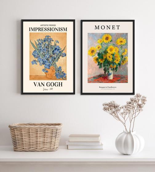 Imagem de Kit 2 Quadros Artes Monet E Van Gogh- Flores 33x24cm - com vidro