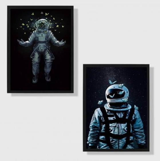 Imagem de Kit 2 Quadros Astronautas Com Borboletas 24x18cm - com vidro