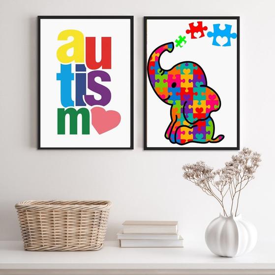 Imagem de Kit 2 Quadros Autismo - Elefantinho 33x24cm - com vidro