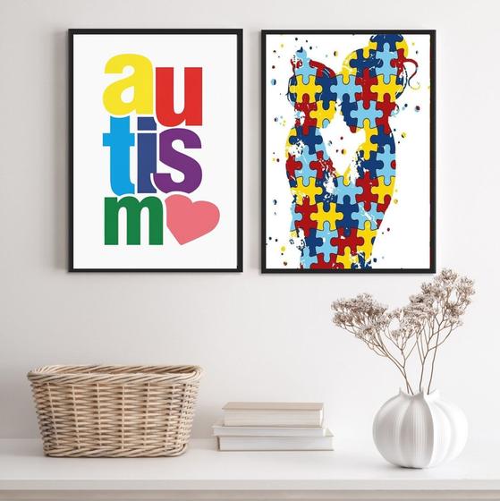 Imagem de Kit 2 Quadros Autismo - Mãe e Filho 33x24cm - com vidro