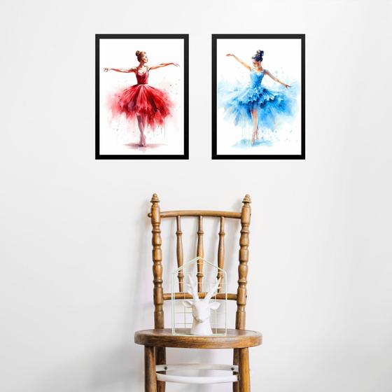 Imagem de Kit 2 Quadros Bailarinas Coloridas - Aquarela 45x34cm - com vidro