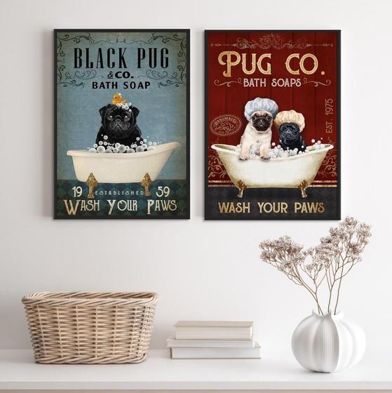 Imagem de Kit 2 Quadros Banheiro Cão Pug 33X24Cm - Com Vidro