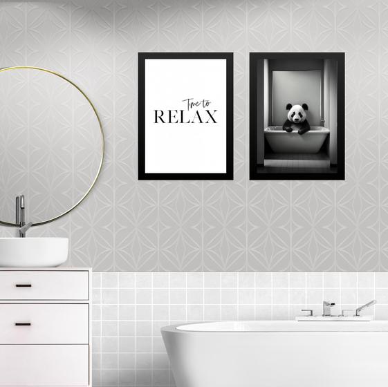 Imagem de Kit 2 Quadros Banheiro Panda - Time To Relax 45x34cm - com vidro
