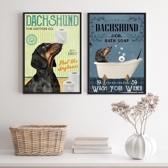 Imagem de Kit 2 Quadros Banheiro Vintage - Dachshund 33X24Cm - Vidro