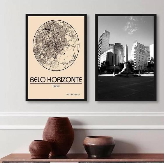 Imagem de Kit 2 Quadros Belo Horizonte- Mapa E Fotografia 45X34Cm