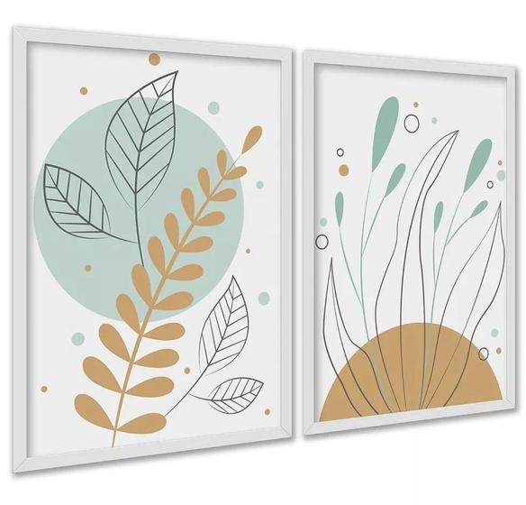 Imagem de Kit 2 Quadros Boho Plantas Tons Pastéis Verde 33x24cm - com vidro