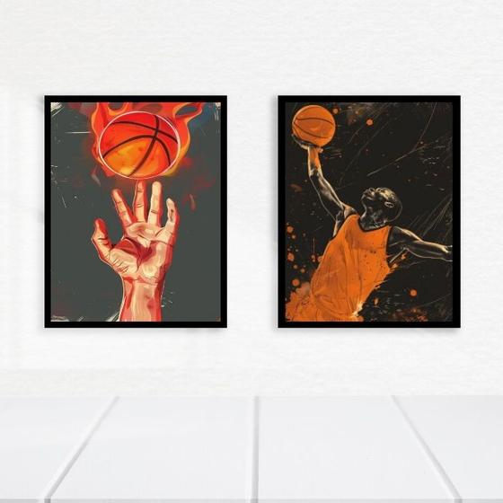 Imagem de Kit 2 Quadros Bolas Basquete - Fogo 33x24cm - com vidro