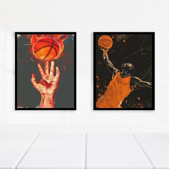 Imagem de Kit 2 Quadros Bolas Basquete - Fogo 45X34Cm - Com Vidro