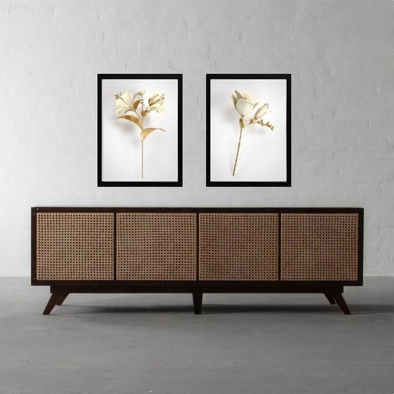 Imagem de Kit 2 Quadros Branco e Ouro - Simple Flowers 33x24cm - com vidro