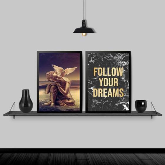 Imagem de Kit 2 Quadros Buda Asas Follow Your Dreams 45x34cm - com vidro