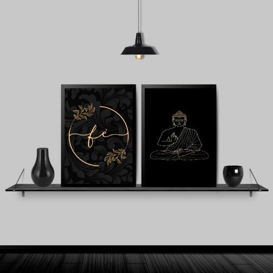 Imagem de Kit 2 Quadros Buda Fé Preto Com Dourado 33x24cm - com vidro