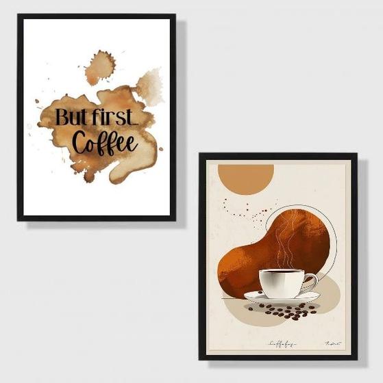 Imagem de Kit 2 Quadros But First Coffee Marrom 24x18cm - com vidro