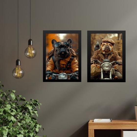 Imagem de Kit 2 Quadros Cães Motociclistas 45x34cm - com vidro