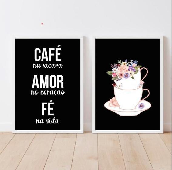 Imagem de Kit 2 Quadros Café Amor Fé Floral 33x24cm Moldura Preta