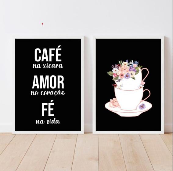 Imagem de Kit 2 Quadros Café Amor Fé Floral 45x34cm - com vidro