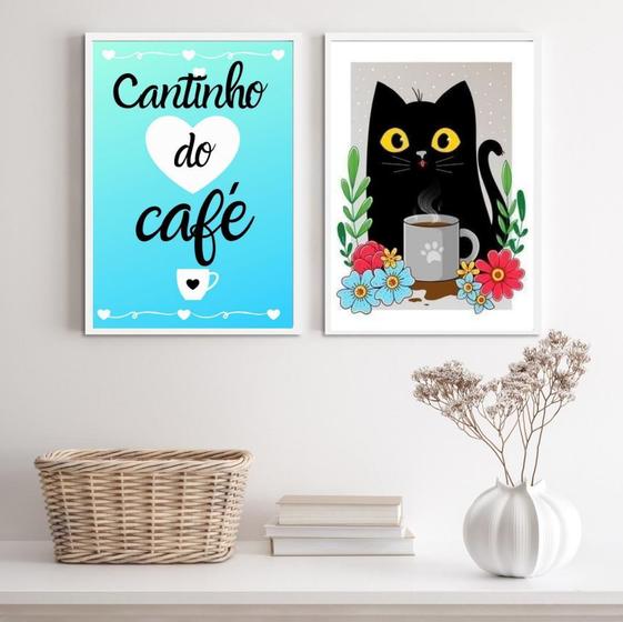 Imagem de Kit 2 Quadros Café Gatinho Floral 45x34cm - Madeira Branca