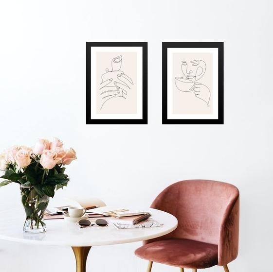 Imagem de Kit 2 Quadros Café Minimalista One Line 45x34cm - com vidro