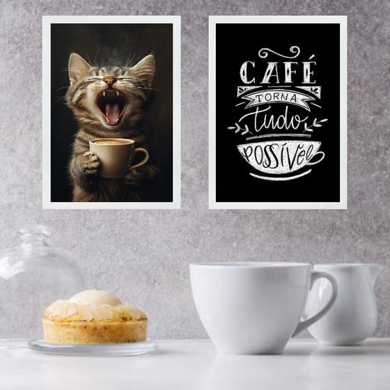 Imagem de Kit 2 Quadros Café Torna Tudo Possível - Gatinho 45x34cm - com vidro