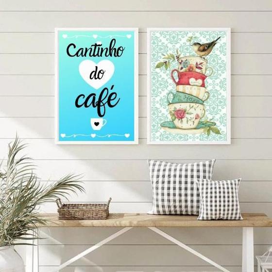 Imagem de Kit 2 Quadros Café Vintage Passarinho 33x24cm - Com Vidro