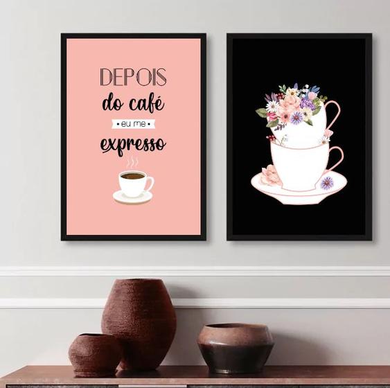 Imagem de Kit 2 Quadros Cantinho Do Café- Preto E Rosa 45x34cm - com vidro