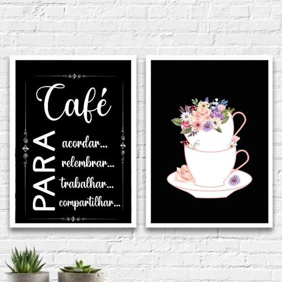 Imagem de Kit 2 Quadros Cantinho Do Café Xícaras Flores 45x34cm - com vidro