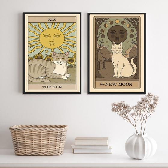 Imagem de Kit 2 Quadros Cartas Tarot Gato- The Sun E The Moon 45x34cm - com vidro