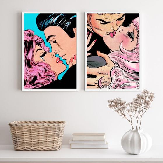 Imagem de Kit 2 Quadros Casais Beijo Pop Art 33x24cm - com vidro