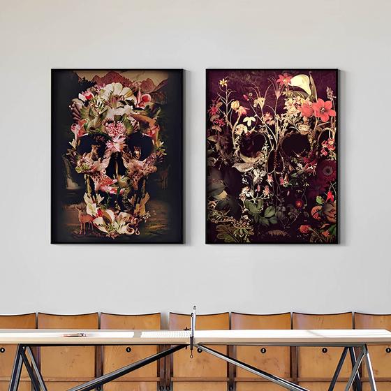 Imagem de Kit 2 Quadros Caveira com Flores - Tela Canvas com Moldura Flutuante em Vários Tamanhos - Artfine